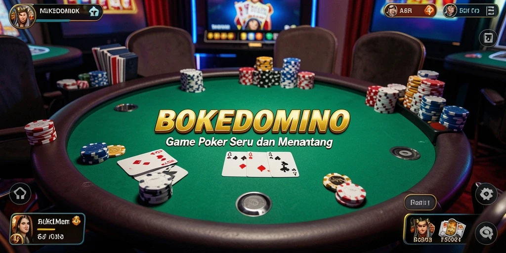 Tampilan gameplay menarik dalam BOKEDOMINO yang menampilkan kartu poker.