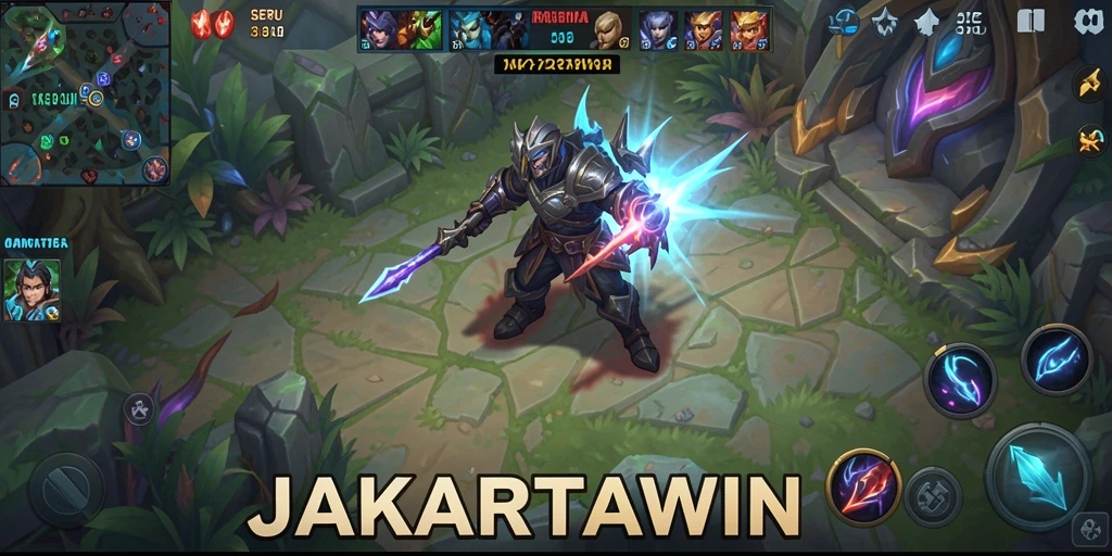 Screenshot utama JAKARTAWIN menampilkan aksi dinamis dalam pertarungan MOBA.