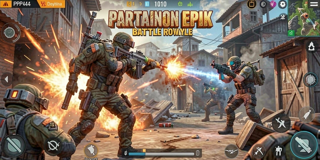 Screenshot gameplay PP444 menunjukkan aksi pertarungan Battle Royale yang intens.