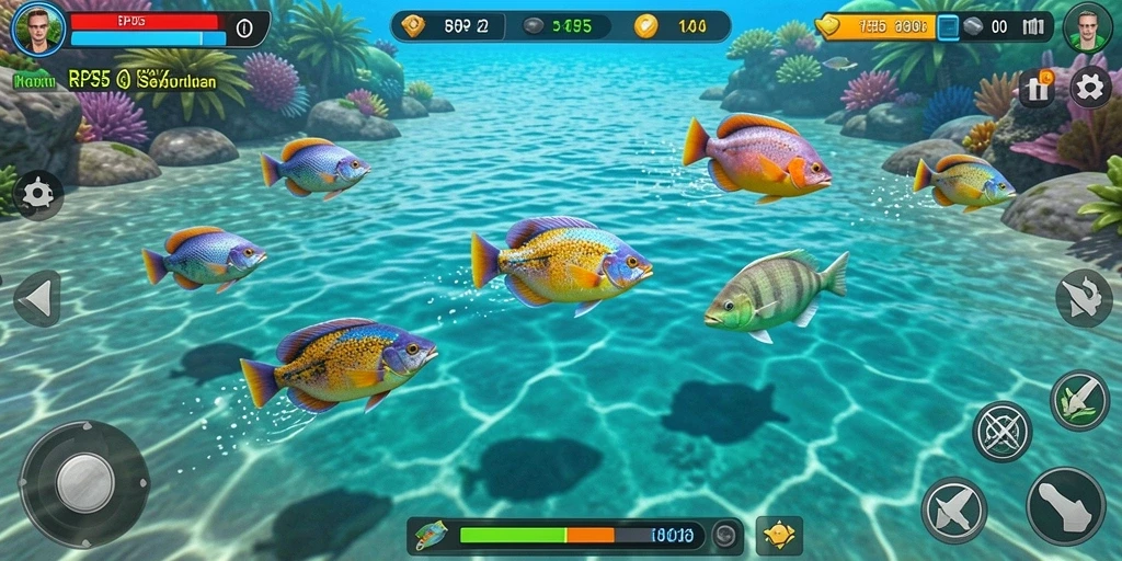 Tampilan gameplay seru dalam RP55 yang menembak ikan di bawah laut.