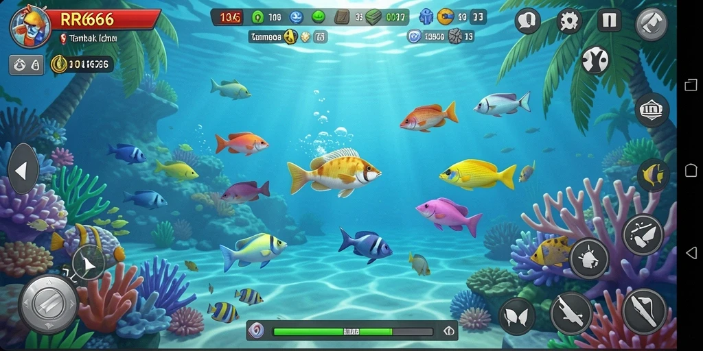 Gameplay seru dengan berbagai ikan yang menunggu untuk ditembak.