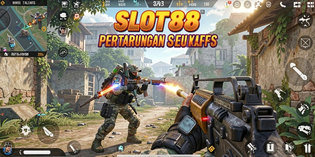 Screenshot utama SLOT88 menampilkan aksi pertempuran seru dalam mode FPS.