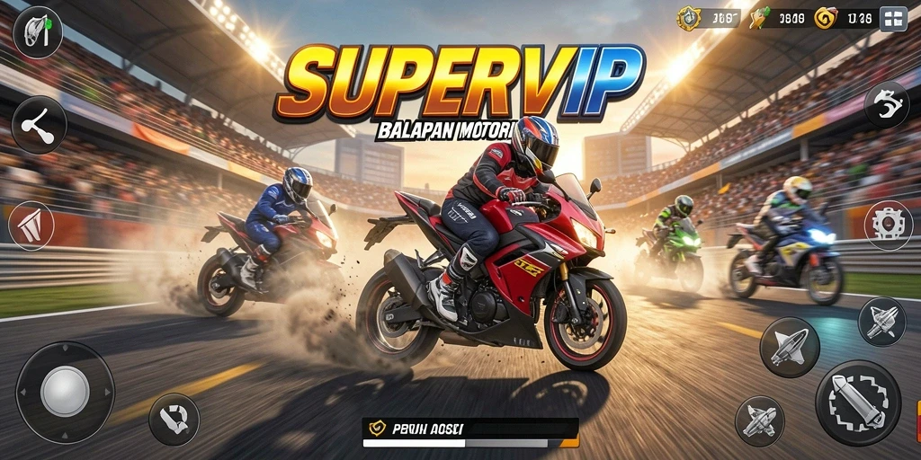 Tangkapan layar gameplay <strong>SUPERVIP</strong> menampilkan kecepatan dan aksi balapan motor yang mendebarkan.