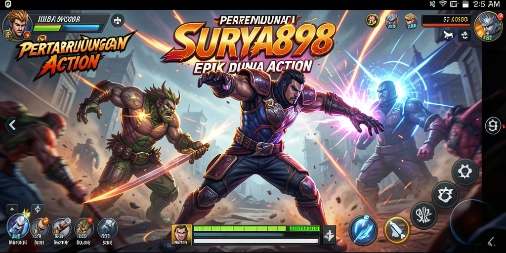 Tangkapan layar utama SURYA898 menampilkan aksi pertarungan yang mendebarkan.
