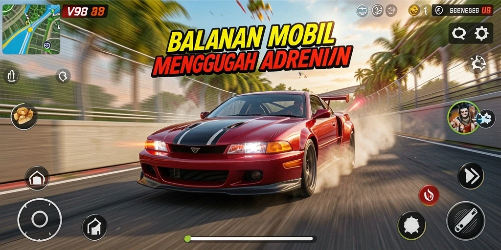 Screenshot V98 menampilkan aksi balapan mobil yang mengasyikkan.